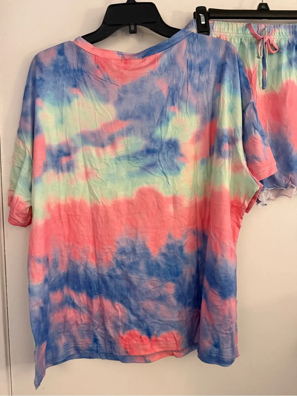 Women's Tie-Dye Henley Short Pajama Set in Coral, Blue & Mint
